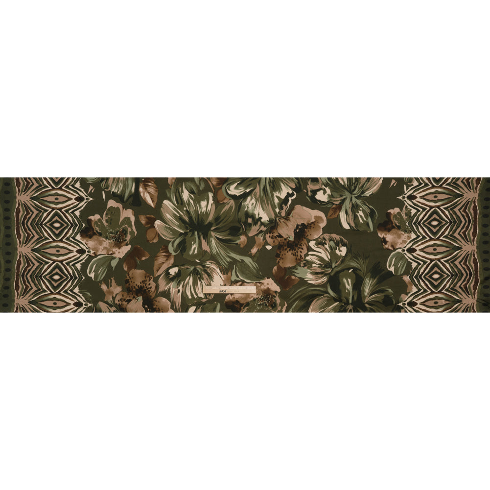 Polyester Charmeuse Print - Dark Olive, Brown and Beige Floral with Abstract Borders - Designer Deadstock Polyester Charmeuse Print - Dark Olive, Brown and Beige Floral with Abstract Borders - Designer Deadstock