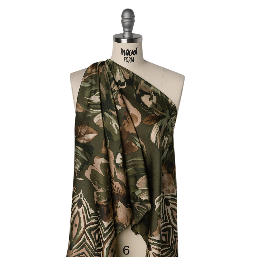 Polyester Charmeuse Print - Dark Olive, Brown and Beige Floral with Abstract Borders - Designer Deadstock Polyester Charmeuse Print - Dark Olive, Brown and Beige Floral with Abstract Borders - Designer Deadstock