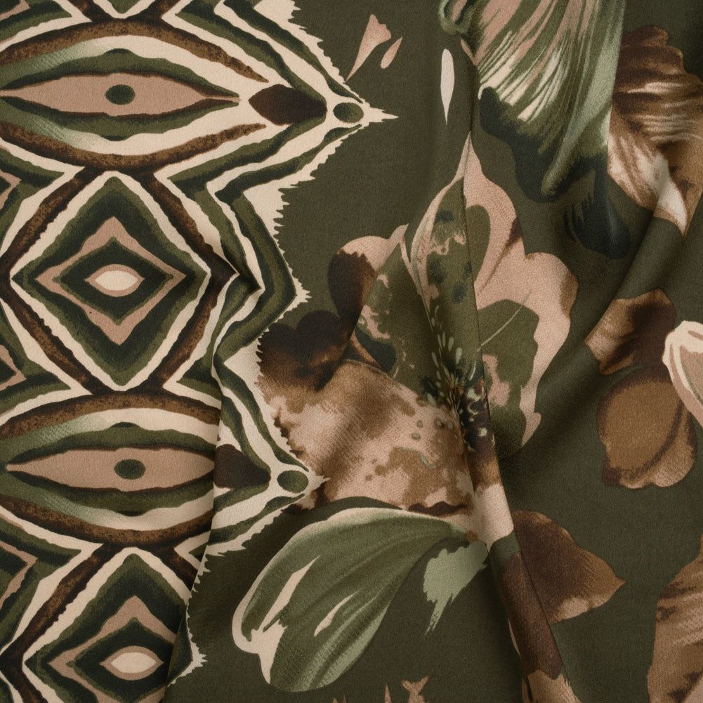 Polyester Charmeuse Print - Dark Olive, Brown and Beige Floral with Abstract Borders - Designer Deadstock Polyester Charmeuse Print - Dark Olive, Brown and Beige Floral with Abstract Borders - Designer Deadstock