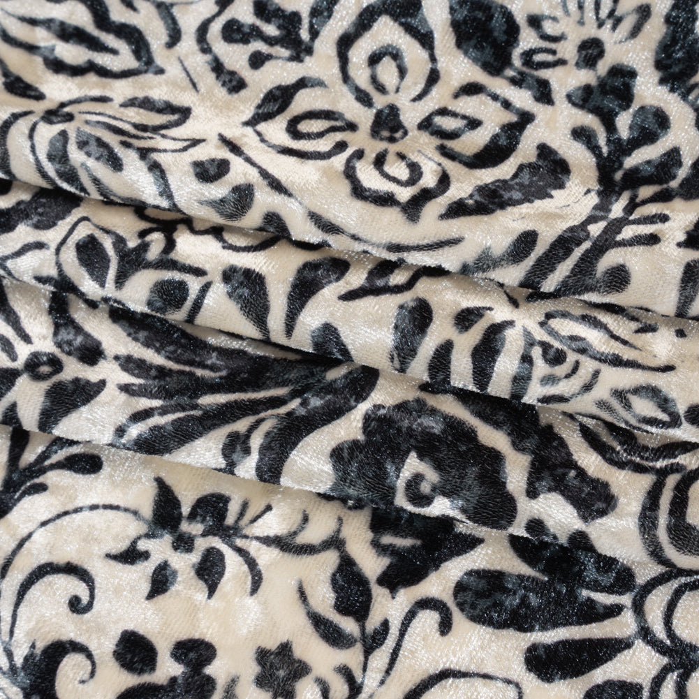 Stretch Polyester Velour Print - Ivory and Black Paisley Floral - Designer Deadstock Stretch Polyester Velour Print - Ivory and Black Paisley Floral - Designer Deadstock