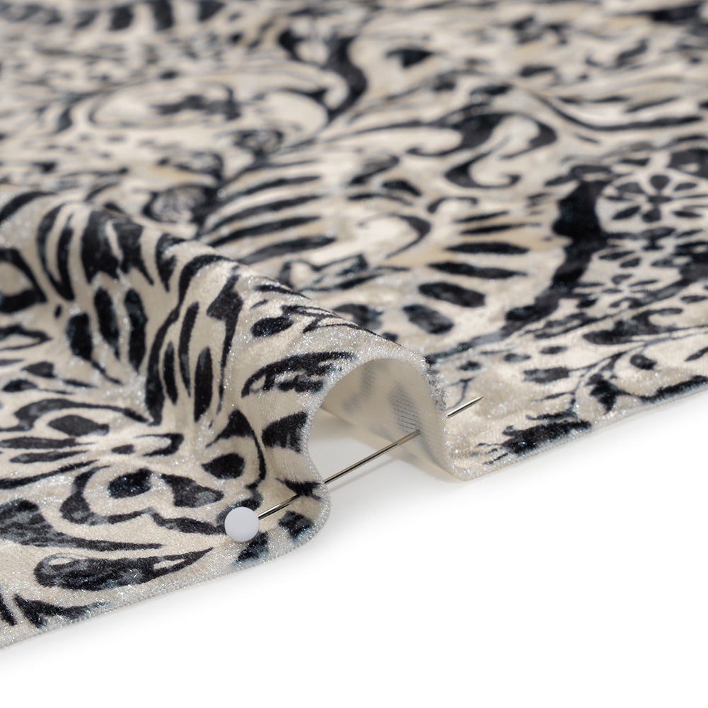 Stretch Polyester Velour Print - Ivory and Black Paisley Floral - Designer Deadstock Stretch Polyester Velour Print - Ivory and Black Paisley Floral - Designer Deadstock