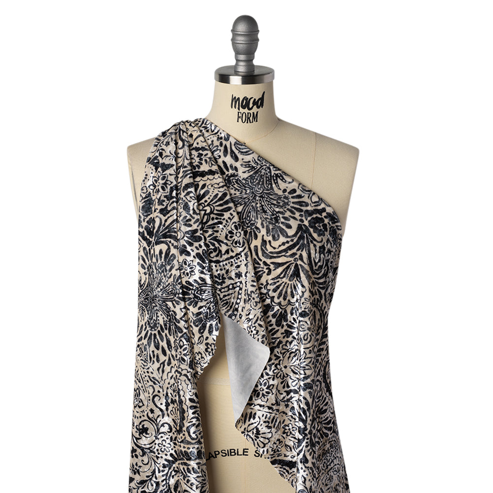 Stretch Polyester Velour Print - Ivory and Black Paisley Floral - Designer Deadstock Stretch Polyester Velour Print - Ivory and Black Paisley Floral - Designer Deadstock