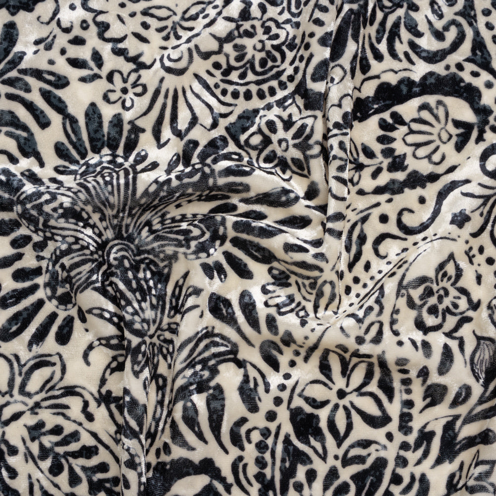 Stretch Polyester Velour Print - Ivory and Black Paisley Floral - Designer Deadstock Stretch Polyester Velour Print - Ivory and Black Paisley Floral - Designer Deadstock