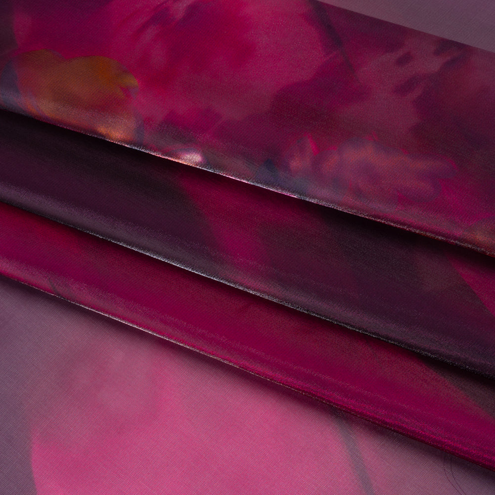 Shimmering Polyester Organza - Magenta, Pale Pink and Dark Blue Painterly Florals - Designer Deadstock Shimmering Polyester Organza - Magenta, Pale Pink and Dark Blue Painterly Florals - Designer Deadstock