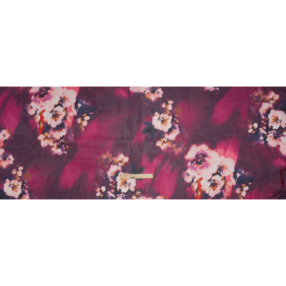 Shimmering Polyester Organza - Magenta, Pale Pink and Dark Blue Painterly Florals - Designer Deadstock Shimmering Polyester Organza - Magenta, Pale Pink and Dark Blue Painterly Florals - Designer Deadstock