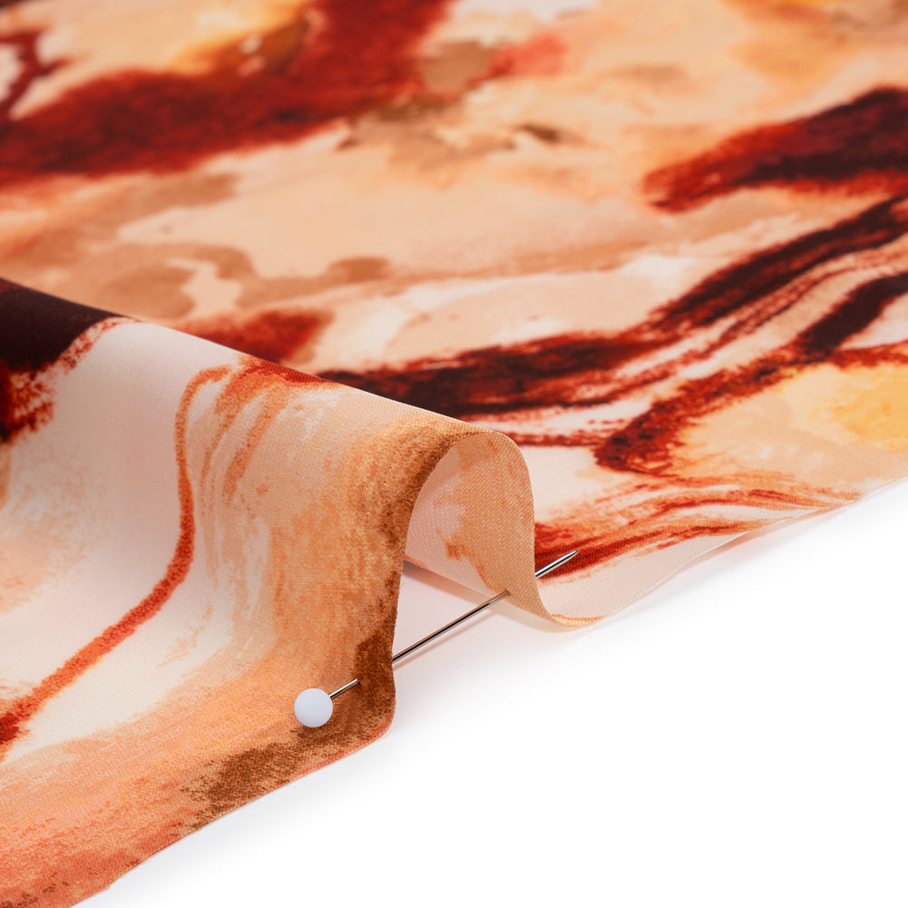 Stretch Polyester Charmeuse Print - Beige, Peach and Burgundy Abstract - Designer Deadstock Stretch Polyester Charmeuse Print - Beige, Peach and Burgundy Abstract - Designer Deadstock