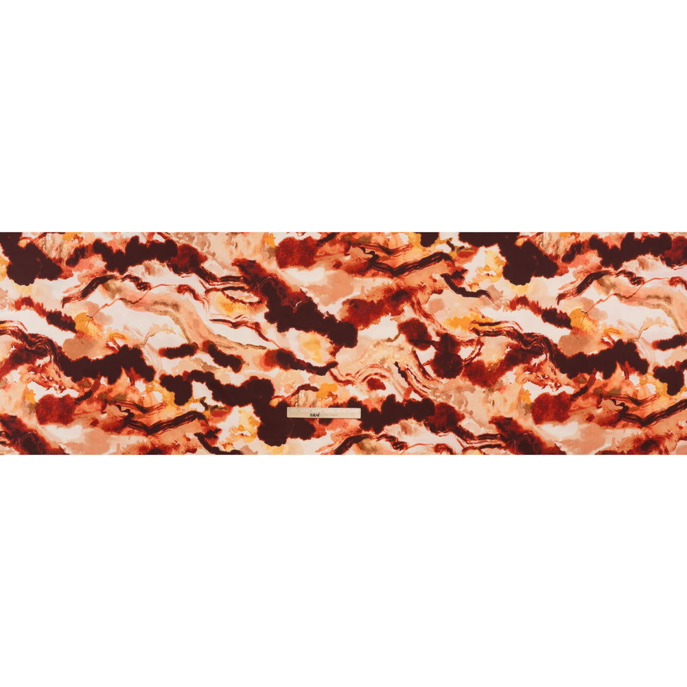 Stretch Polyester Charmeuse Print - Beige, Peach and Burgundy Abstract - Designer Deadstock Stretch Polyester Charmeuse Print - Beige, Peach and Burgundy Abstract - Designer Deadstock