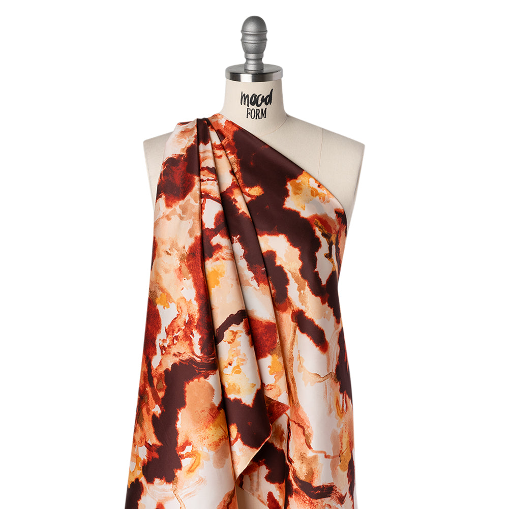 Stretch Polyester Charmeuse Print - Beige, Peach and Burgundy Abstract - Designer Deadstock Stretch Polyester Charmeuse Print - Beige, Peach and Burgundy Abstract - Designer Deadstock