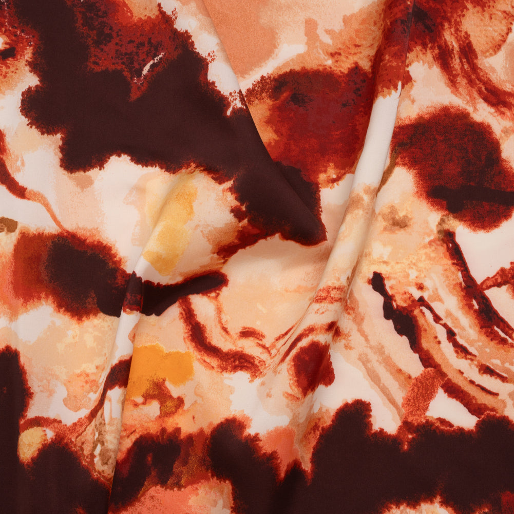 Stretch Polyester Charmeuse Print - Beige, Peach and Burgundy Abstract - Designer Deadstock Stretch Polyester Charmeuse Print - Beige, Peach and Burgundy Abstract - Designer Deadstock