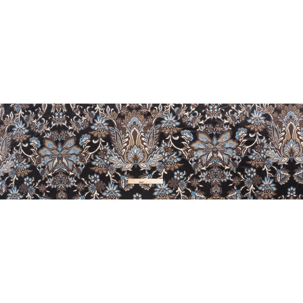 Stretch Polyester Velour - Black, Tan and Sky Blue Jacobean Florals - Designer Deadstock Stretch Polyester Velour - Black, Tan and Sky Blue Jacobean Florals - Designer Deadstock