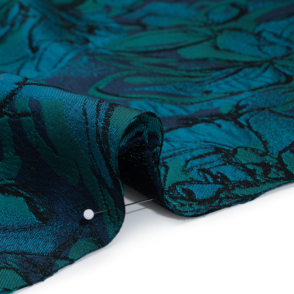 Metallic Polyester Brocade - Blue, Dark Turquoise and Black Floral - Designer Deadstock Metallic Polyester Brocade - Blue, Dark Turquoise and Black Floral - Designer Deadstock