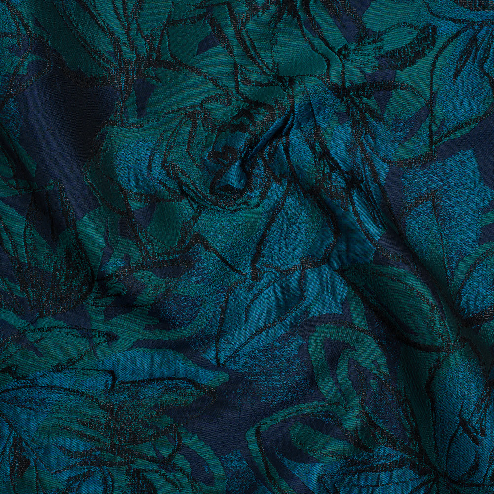 Metallic Polyester Brocade - Blue, Dark Turquoise and Black Floral - Designer Deadstock Metallic Polyester Brocade - Blue, Dark Turquoise and Black Floral - Designer Deadstock