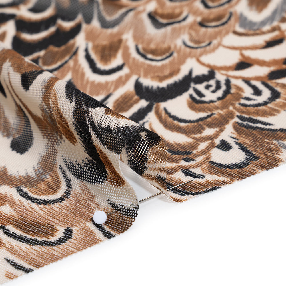 Polyester Stretch Mesh - Brown, Black and Cream Turkey Feathers - Designer Deadstock Polyester Stretch Mesh - Brown, Black and Cream Turkey Feathers - Designer Deadstock