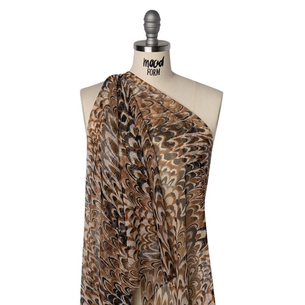 Polyester Stretch Mesh - Brown, Black and Cream Turkey Feathers - Designer Deadstock Polyester Stretch Mesh - Brown, Black and Cream Turkey Feathers - Designer Deadstock