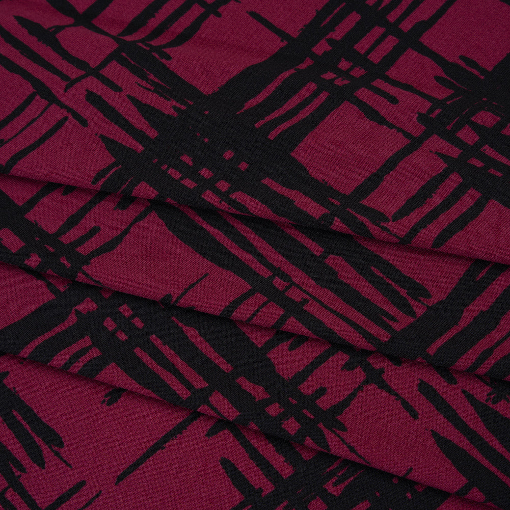 Stretch Polyester Matte Jersey Print - Raspberry and Black Abstract Hatching - Designer Deadstock Stretch Polyester Matte Jersey Print - Raspberry and Black Abstract Hatching - Designer Deadstock