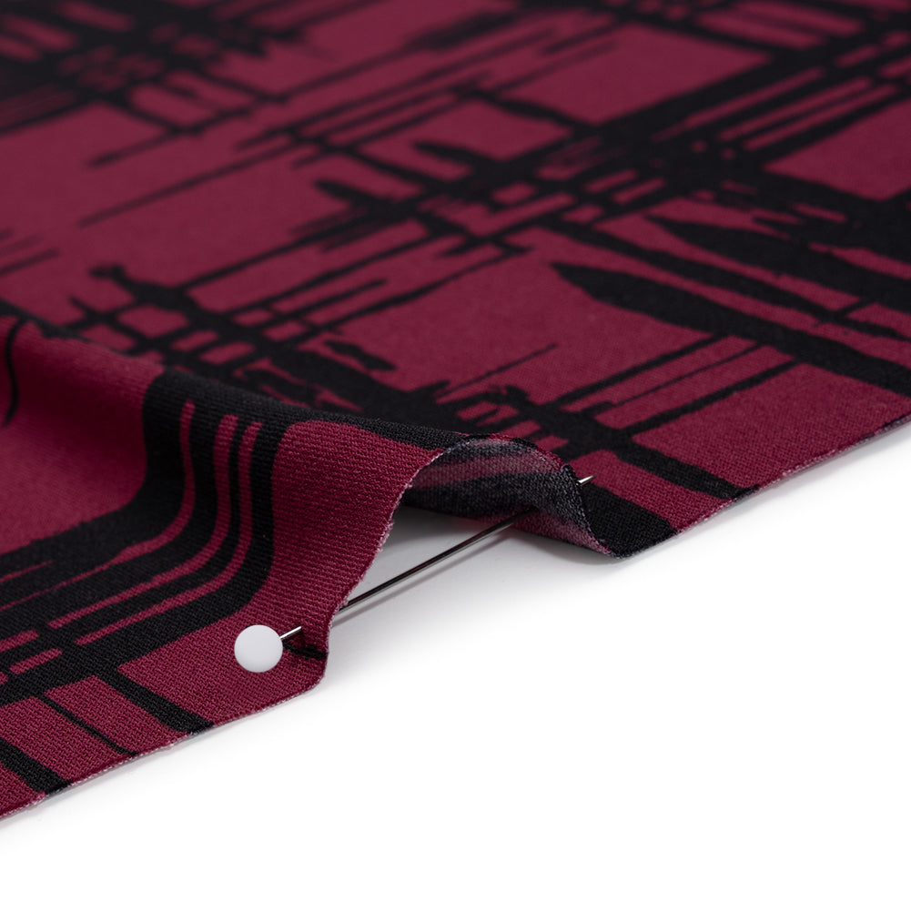 Stretch Polyester Matte Jersey Print - Raspberry and Black Abstract Hatching - Designer Deadstock Stretch Polyester Matte Jersey Print - Raspberry and Black Abstract Hatching - Designer Deadstock