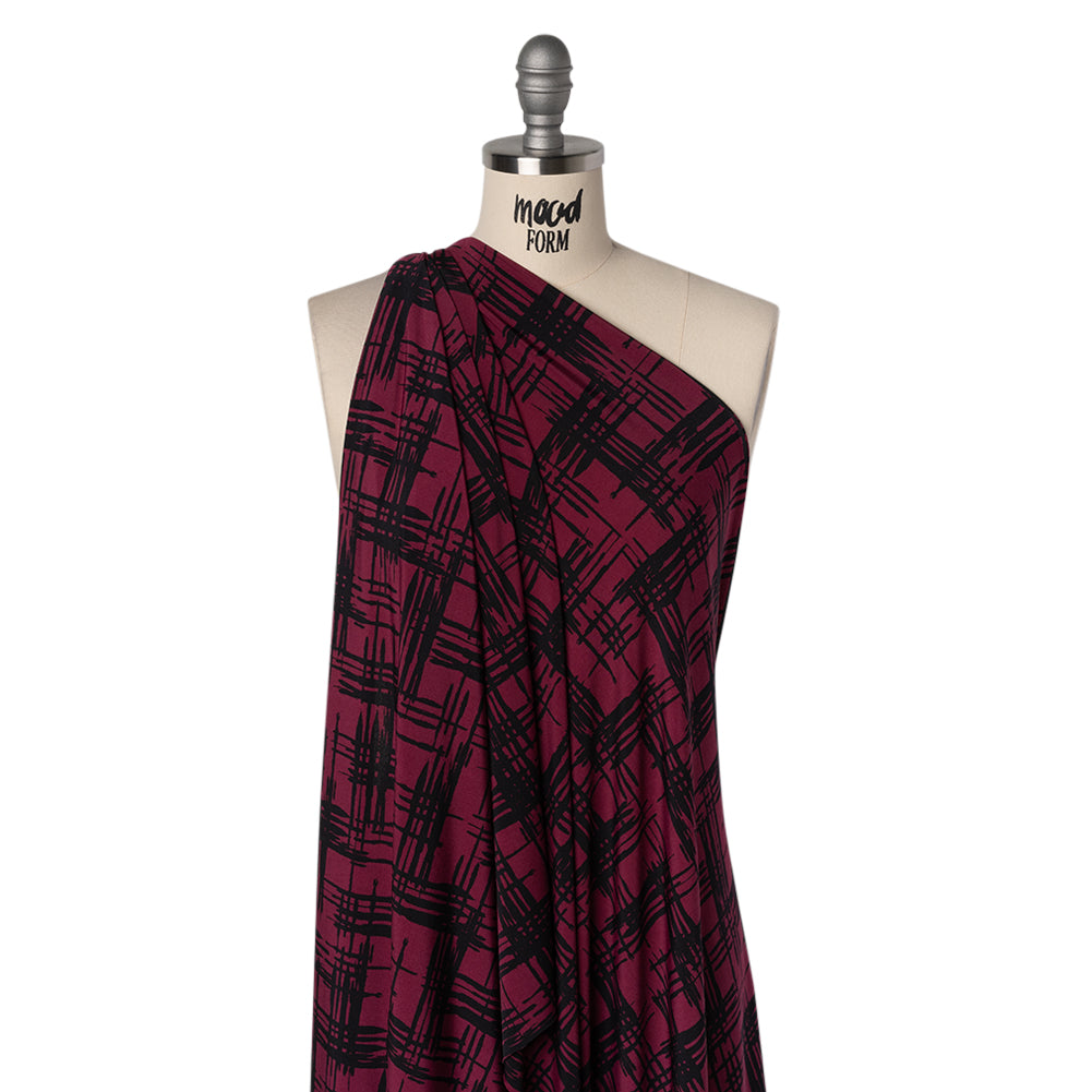 Stretch Polyester Matte Jersey Print - Raspberry and Black Abstract Hatching - Designer Deadstock Stretch Polyester Matte Jersey Print - Raspberry and Black Abstract Hatching - Designer Deadstock