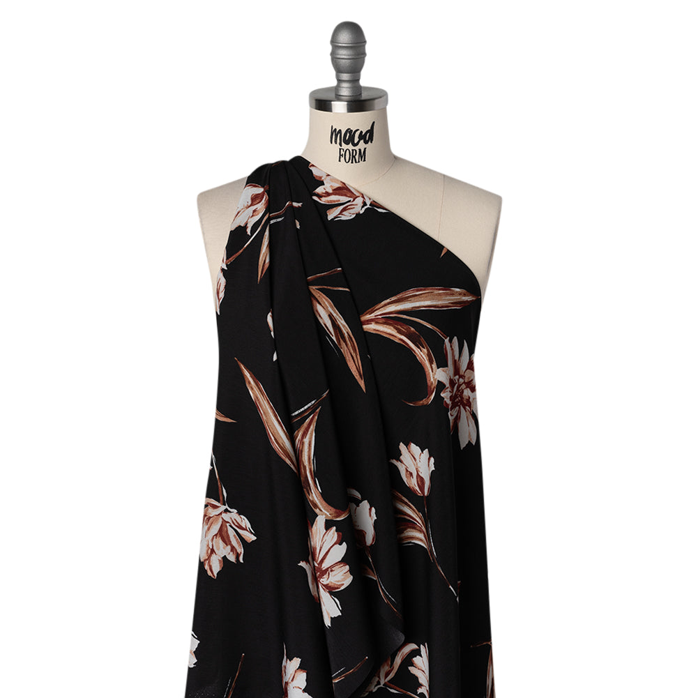 Polyester Crepe de Chine Print - Black, Brown and White Scattered Tulips - Designer Deadstock Polyester Crepe de Chine Print - Black, Brown and White Scattered Tulips - Designer Deadstock