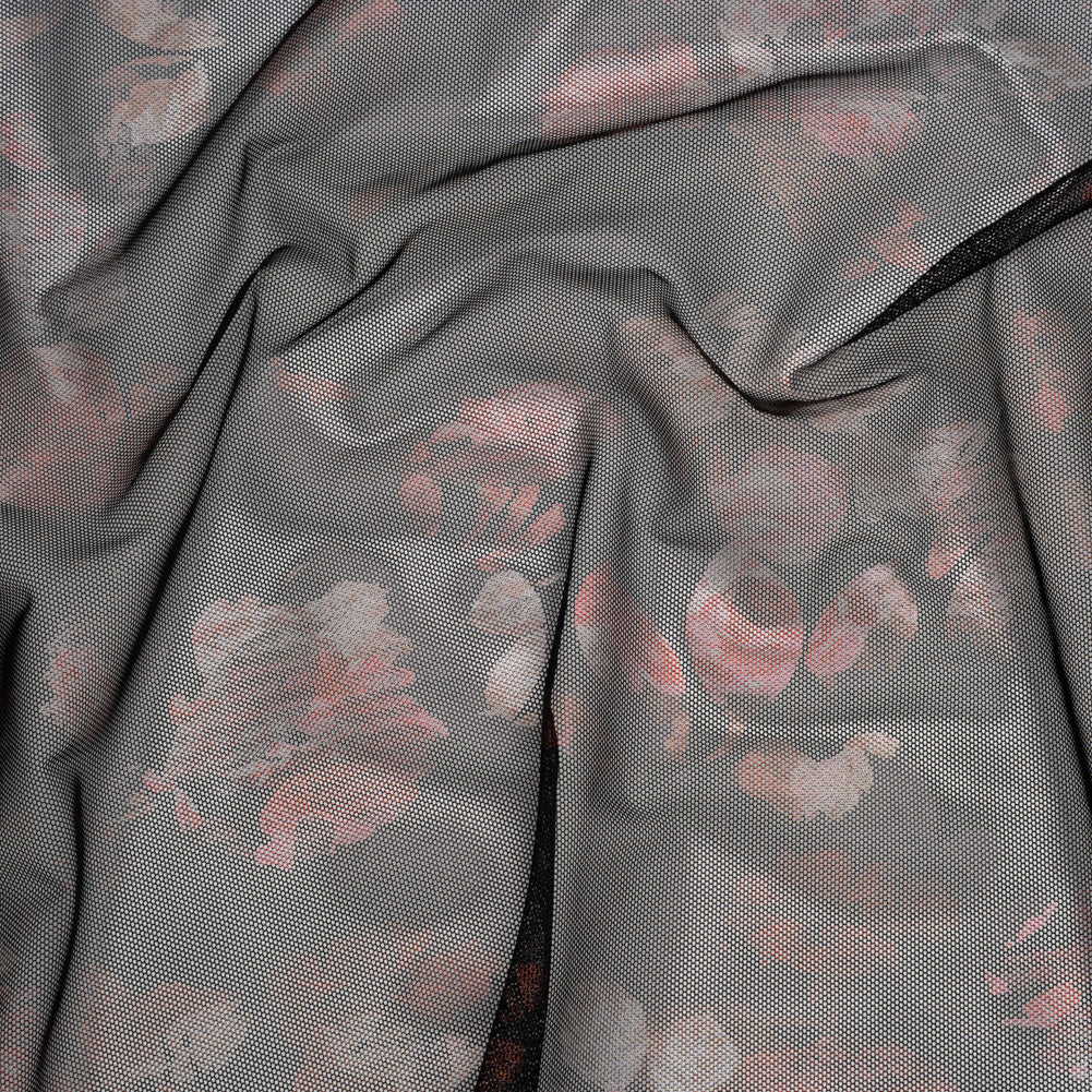 Metallic Foiled Stretch Polyester Mesh - Red and Black Floral - Designer Deadstock Metallic Foiled Stretch Polyester Mesh - Red and Black Floral - Designer Deadstock