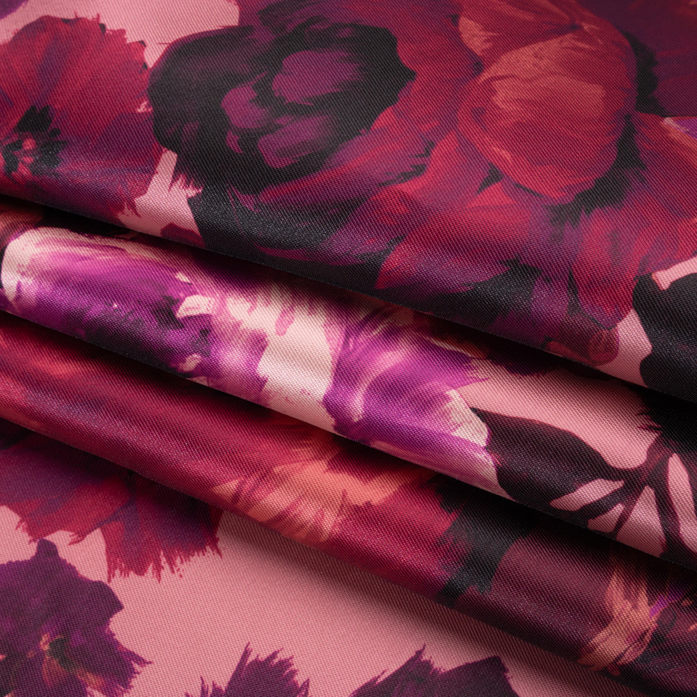 Polyester Mikado Print - Pink, Red and Plum Painterly Florals - Designer Deadstock Polyester Mikado Print - Pink, Red and Plum Painterly Florals - Designer Deadstock