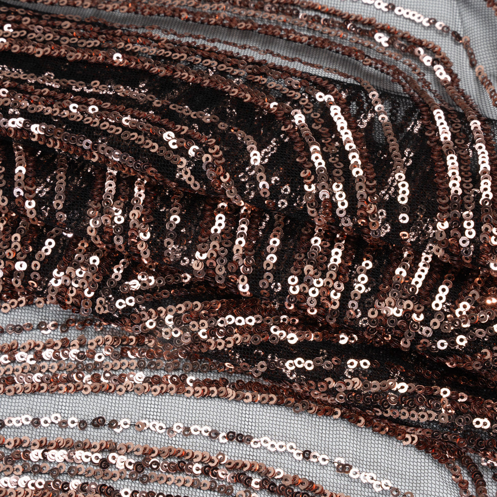 Sequined Polyester Tulle - Rose Gold Art Deco Arches on Black - Designer Deadstock Folded Sequined Polyester Tulle - Rose Gold Art Deco Arches on Black - Designer Deadstock Folded