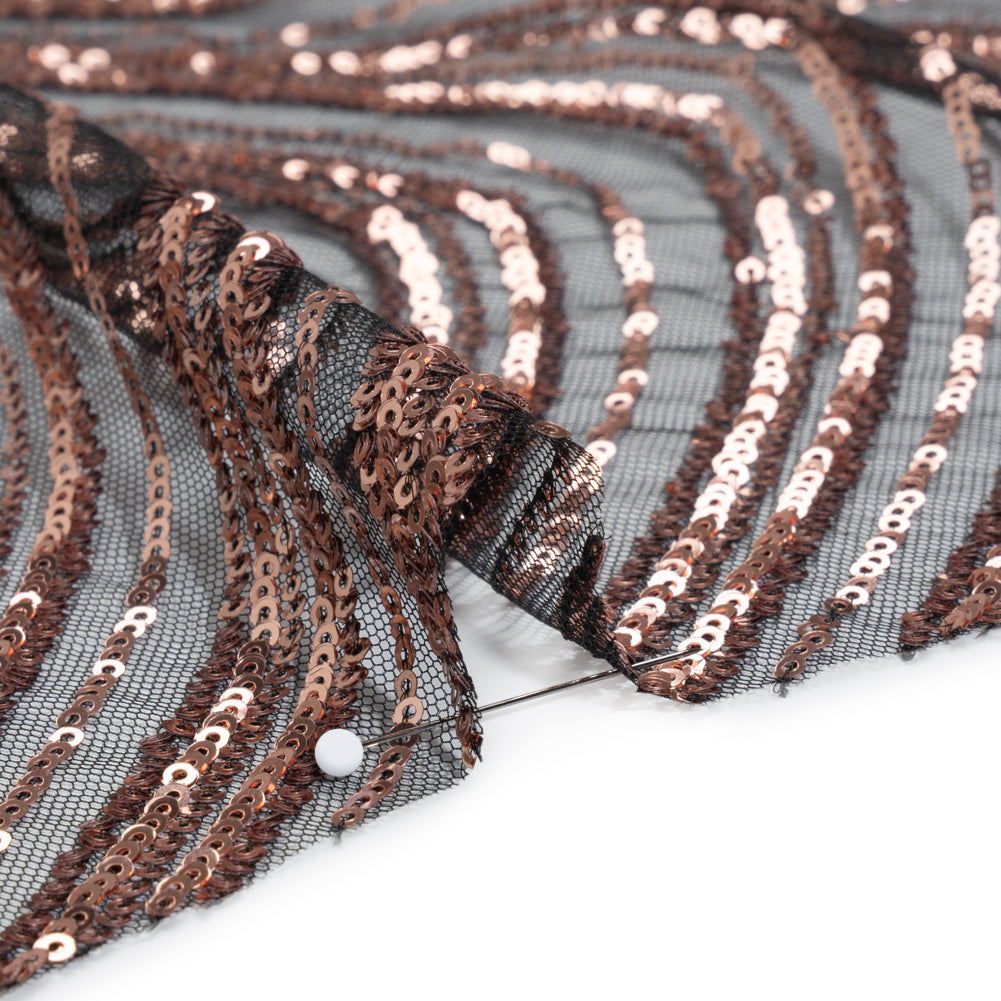 Sequined Polyester Tulle - Rose Gold Art Deco Arches on Black - Designer Deadstock Detail Sequined Polyester Tulle - Rose Gold Art Deco Arches on Black - Designer Deadstock Detail