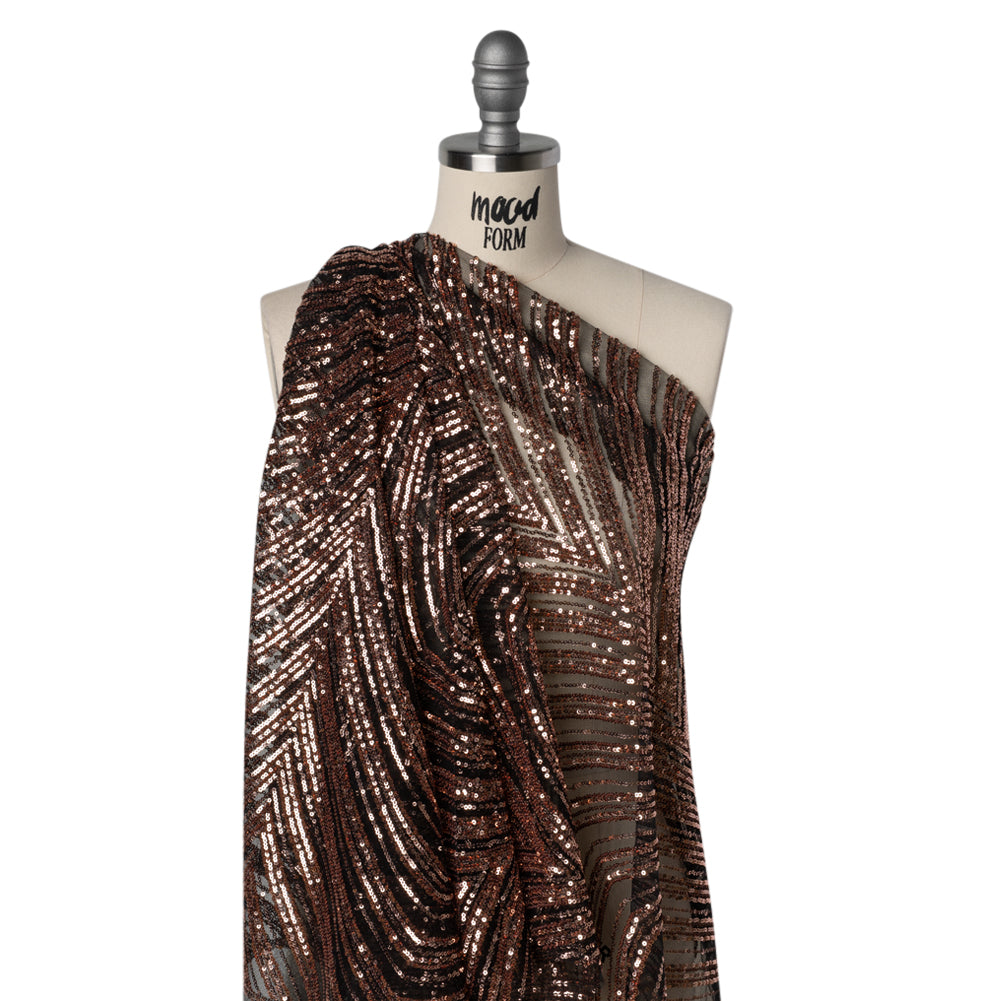Sequined Polyester Tulle - Rose Gold Art Deco Arches on Black - Designer Deadstock Drape Sequined Polyester Tulle - Rose Gold Art Deco Arches on Black - Designer Deadstock Drape