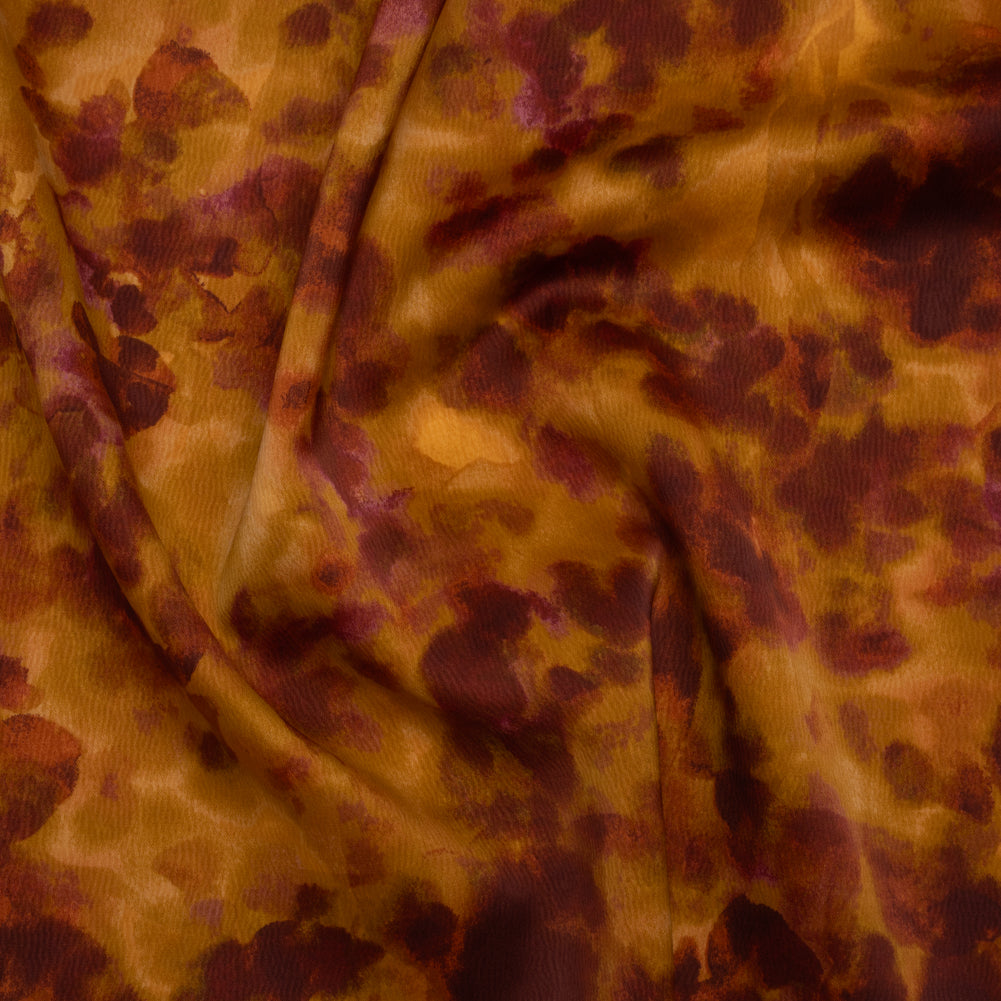 Stretch Polyester Crepe Back Satin - Burgundy and Gold Floral Impressions - Designer Deadstock Stretch Polyester Crepe Back Satin - Burgundy and Gold Floral Impressions - Designer Deadstock