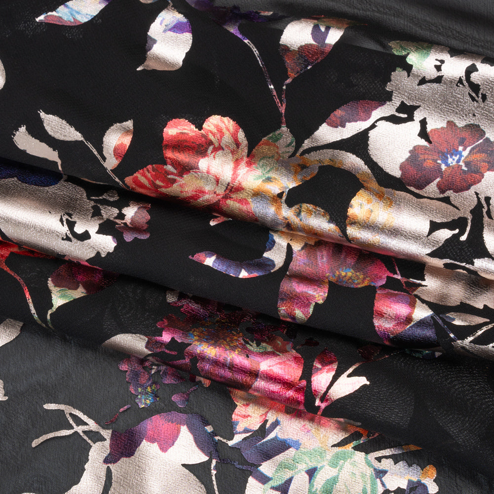 Metallic Foiled Polyester Chiffon Print - Pale Gold, Wine Red and Black Floral on Floral - Designer Deadstock Folded Metallic Foiled Polyester Chiffon Print - Pale Gold, Wine Red and Black Floral on Floral - Designer Deadstock Folded