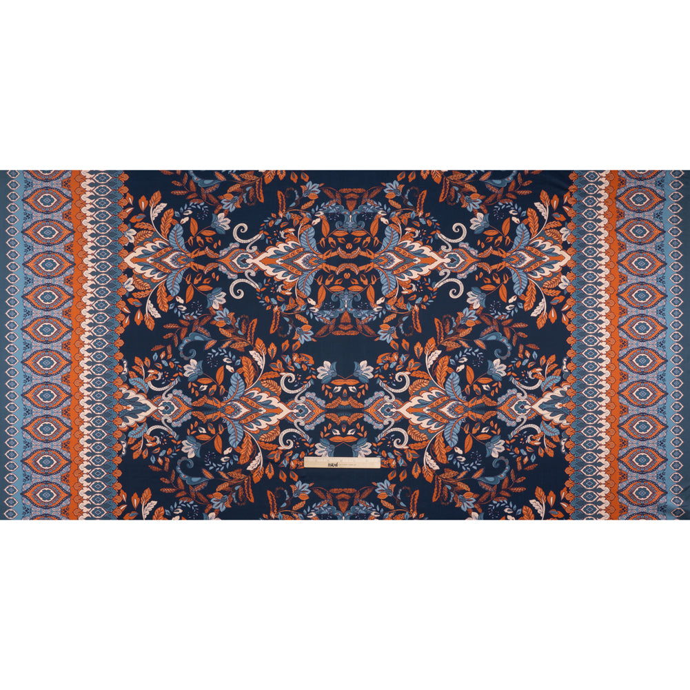 Stretch Polyester Charmeuse - Navy, Muted Teal and Orange Jacobean Florals - Designer Deadstock Stretch Polyester Charmeuse - Navy, Muted Teal and Orange Jacobean Florals - Designer Deadstock