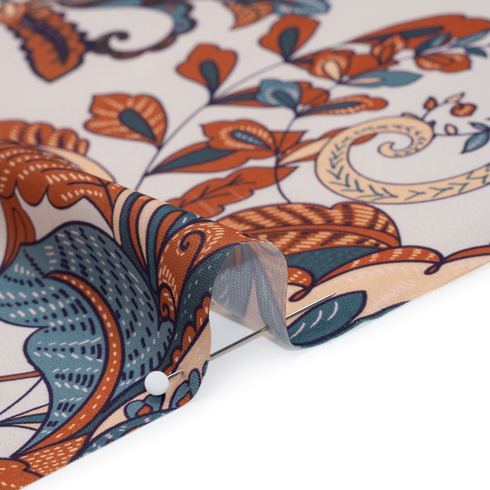 Polyester Charmeuse Print - Steel Blue, Burnt Orange and Cream Floral with Borders - Designer Deadstock Polyester Charmeuse Print - Steel Blue, Burnt Orange and Cream Floral with Borders - Designer Deadstock