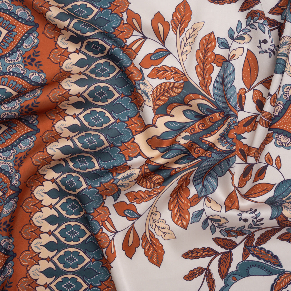 Polyester Charmeuse Print - Steel Blue, Burnt Orange and Cream Floral with Borders - Designer Deadstock Polyester Charmeuse Print - Steel Blue, Burnt Orange and Cream Floral with Borders - Designer Deadstock