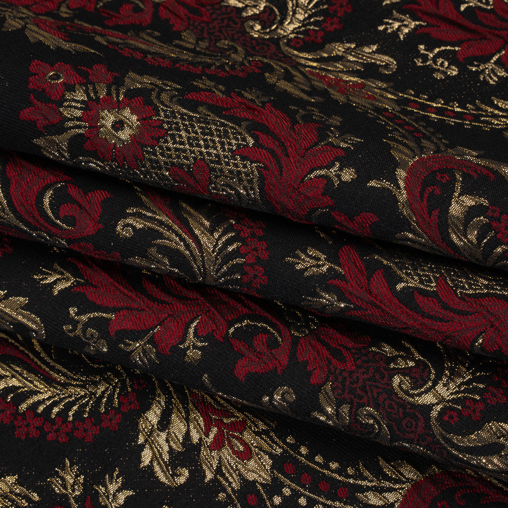 Metallic Polyester and Cotton Brocade - Dark Red, Gold and Black Damask - Designer Deadstock Metallic Polyester and Cotton Brocade - Dark Red, Gold and Black Damask - Designer Deadstock