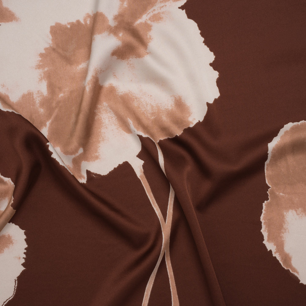 Stretch Polyester Charmeuse - Brown, Beige and Tan Floral - Designer Deadstock Stretch Polyester Charmeuse - Brown, Beige and Tan Floral - Designer Deadstock