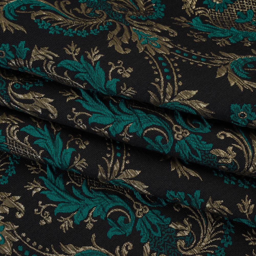 Metallic Polyester and Cotton Brocade - Teal, Black and Gold Damask - Designer Deadstock Metallic Polyester and Cotton Brocade - Teal, Black and Gold Damask - Designer Deadstock