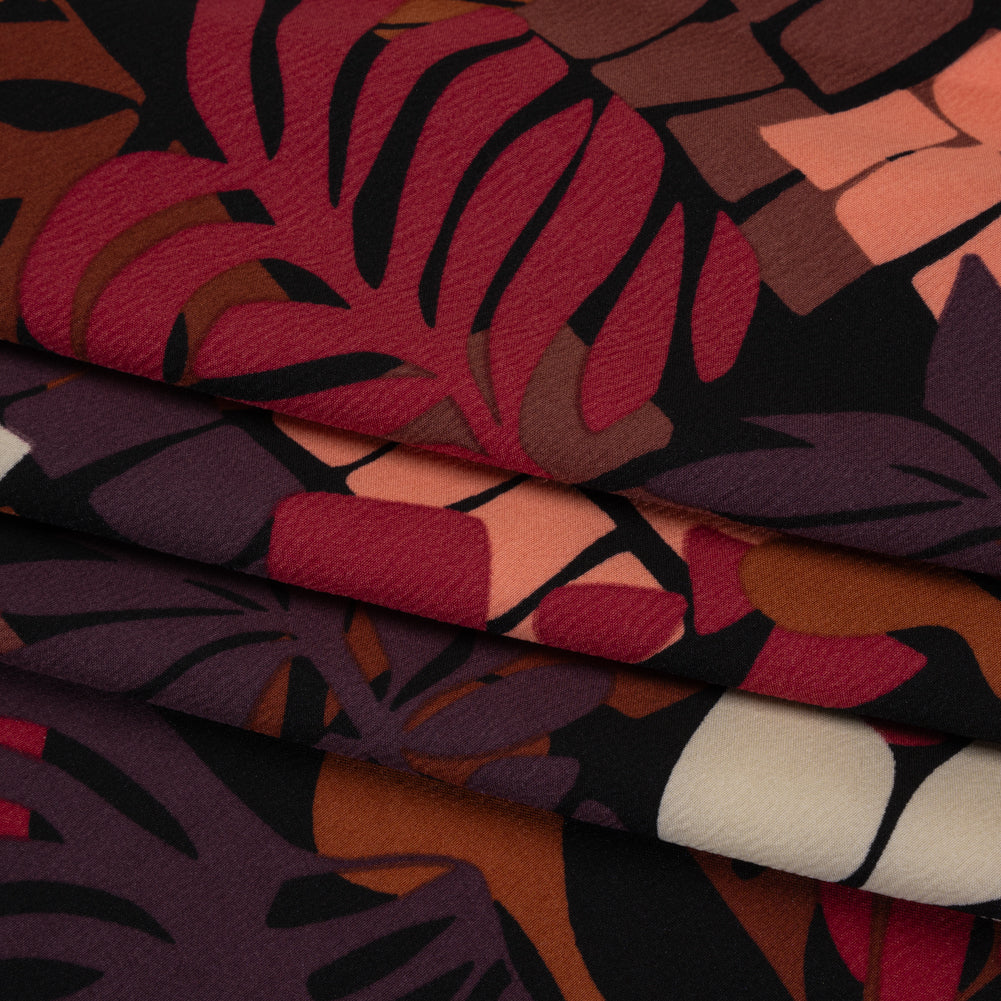 Stretch Polyester Crepe Print - Berry Red, Dark Plum and Brown Blocks and Leaves - Designer Deadstock Stretch Polyester Crepe Print - Berry Red, Dark Plum and Brown Blocks and Leaves - Designer Deadstock