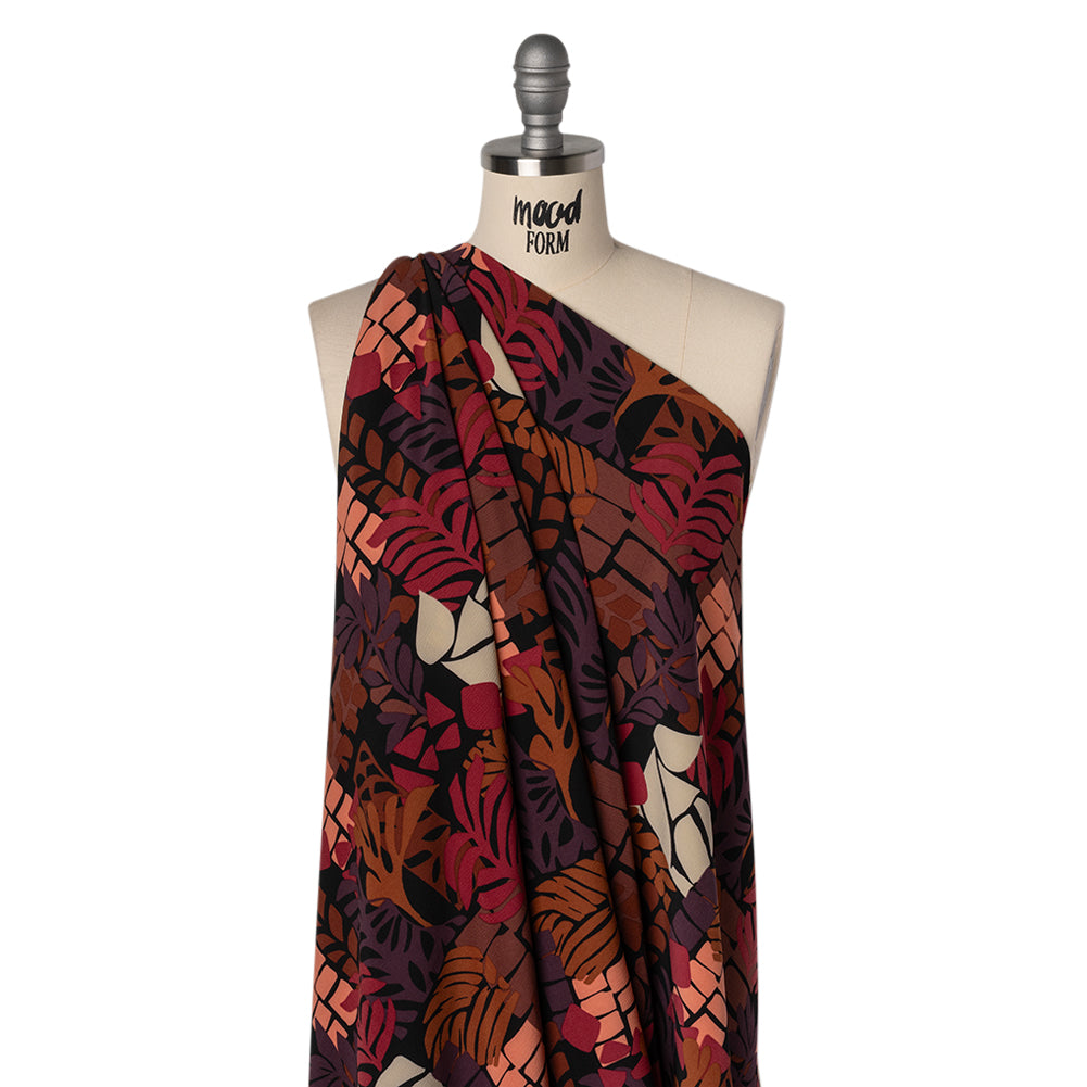 Stretch Polyester Crepe Print - Berry Red, Dark Plum and Brown Blocks and Leaves - Designer Deadstock Stretch Polyester Crepe Print - Berry Red, Dark Plum and Brown Blocks and Leaves - Designer Deadstock