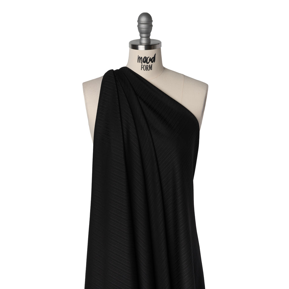 Stretch Polyester Barcode Rib Knit - Black - Designer Deadstock Stretch Polyester Barcode Rib Knit - Black - Designer Deadstock