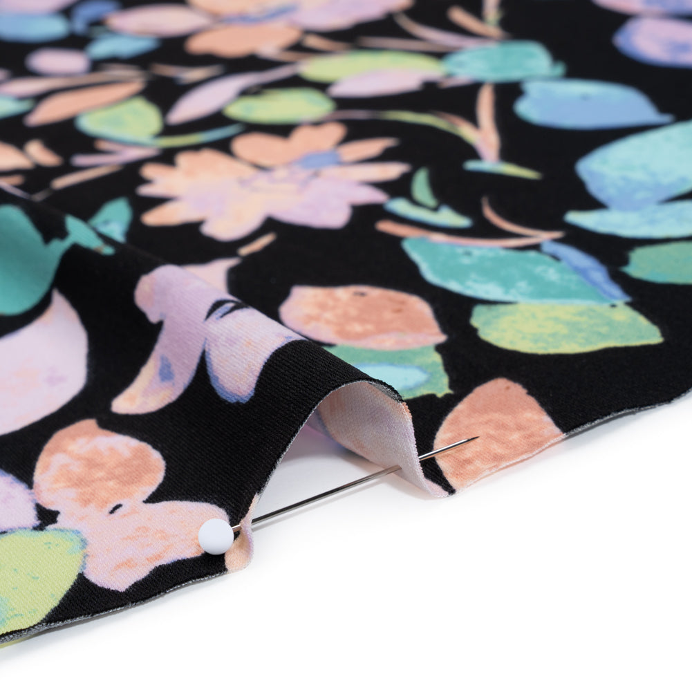 Stretch Polyester Jersey Print - Orange, Blue and Green Watercolor Flowers on Black - Designer Deadstock Stretch Polyester Jersey Print - Orange, Blue and Green Watercolor Flowers on Black - Designer Deadstock