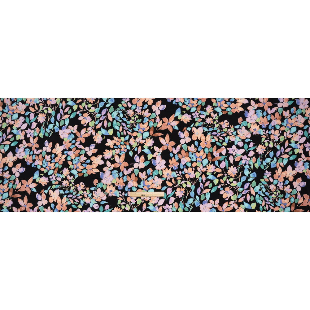 Stretch Polyester Jersey Print - Orange, Blue and Green Watercolor Flowers on Black - Designer Deadstock Stretch Polyester Jersey Print - Orange, Blue and Green Watercolor Flowers on Black - Designer Deadstock