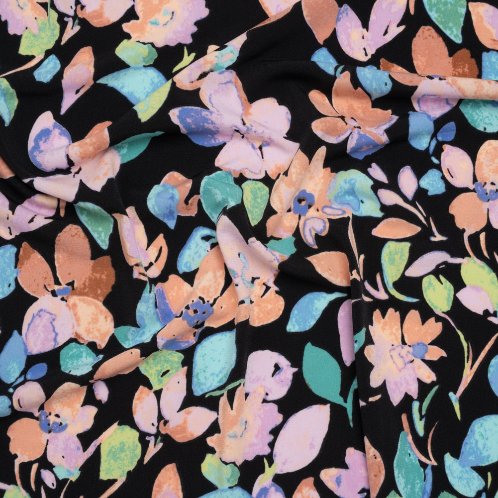 Stretch Polyester Jersey Print - Orange, Blue and Green Watercolor Flowers on Black - Designer Deadstock Stretch Polyester Jersey Print - Orange, Blue and Green Watercolor Flowers on Black - Designer Deadstock