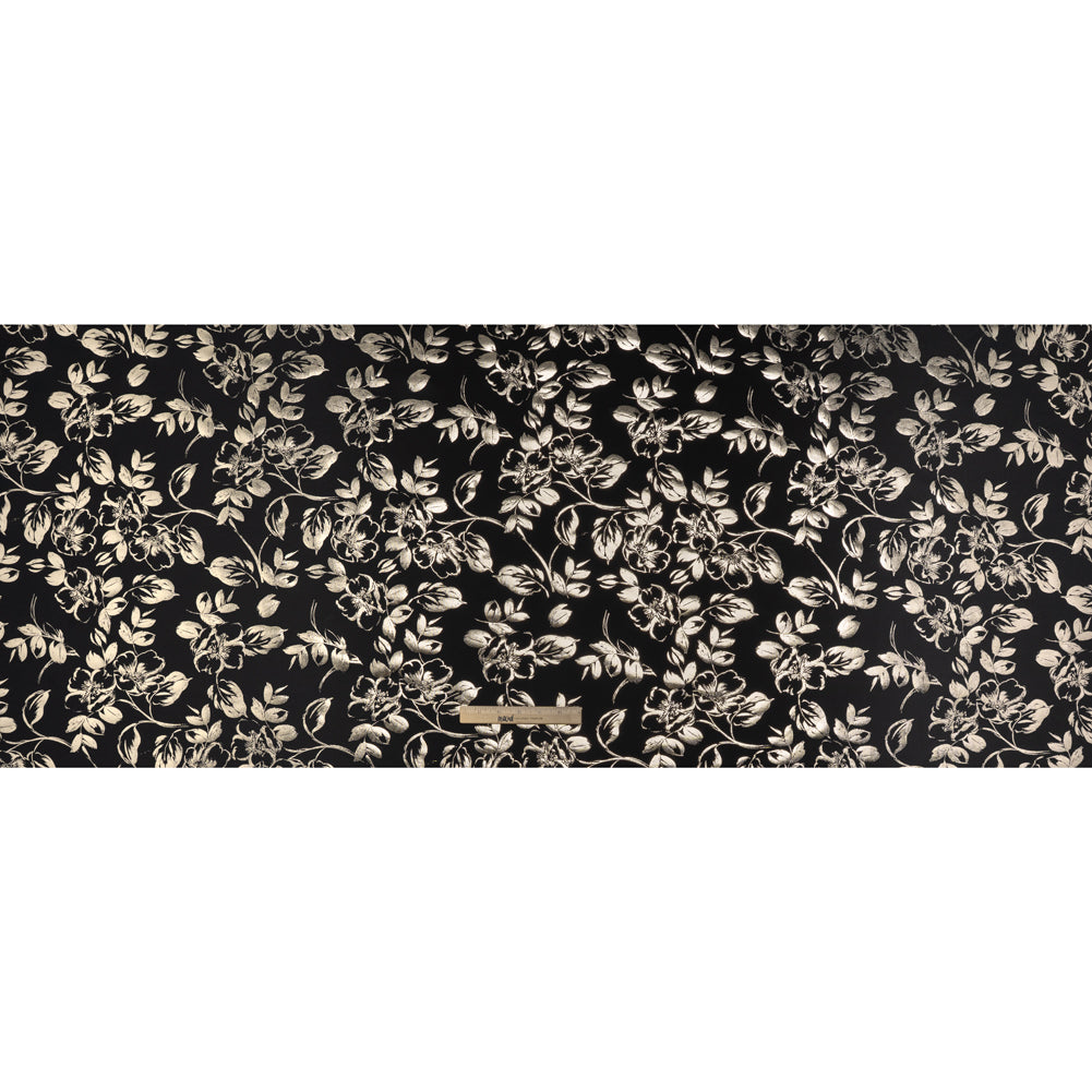 Metallic Stretch Polyester Scuba Knit Print - Black and Gold Floral - Designer Deadstock - Full Metallic Stretch Polyester Scuba Knit Print - Black and Gold Floral - Designer Deadstock - Full