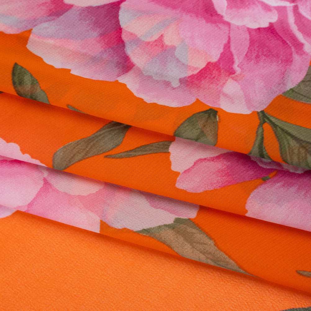 Polyester Chiffon Print - Pink and Orange Floral - Designer Deadstock Polyester Chiffon Print - Pink and Orange Floral - Designer Deadstock