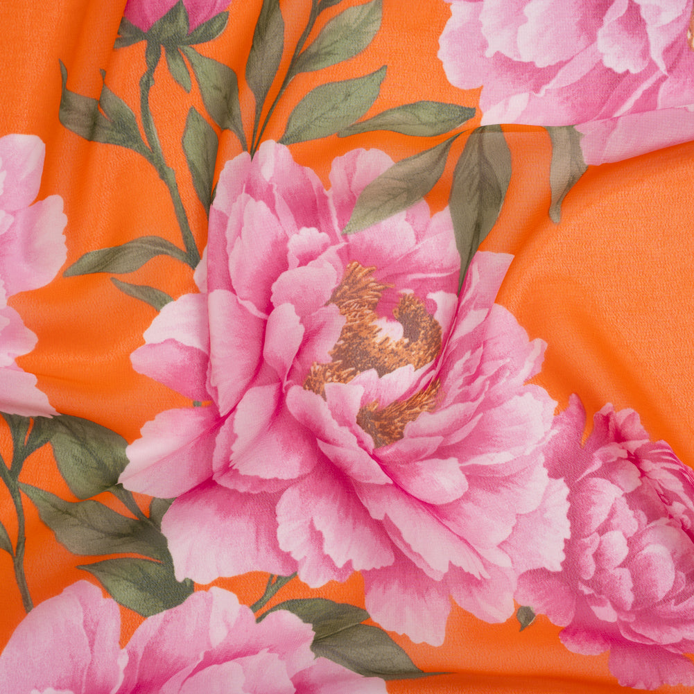 Polyester Chiffon Print - Pink and Orange Floral - Designer Deadstock Polyester Chiffon Print - Pink and Orange Floral - Designer Deadstock