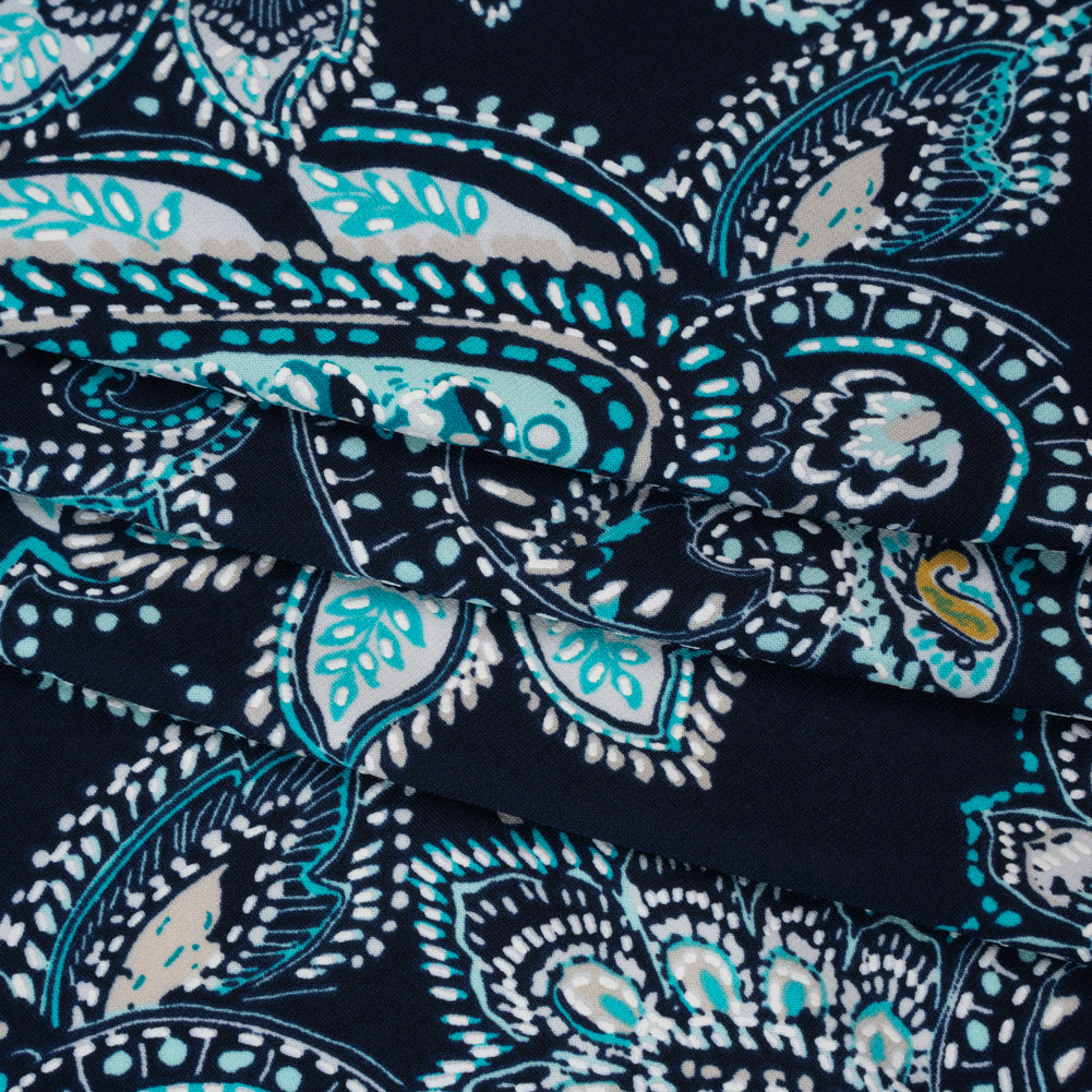 Stretch Polyester Tricot with Puff Print Details - Navy, Teal and White Paisley with Borders - Designer Deadstock Stretch Polyester Tricot with Puff Print Details - Navy, Teal and White Paisley with Borders - Designer Deadstock