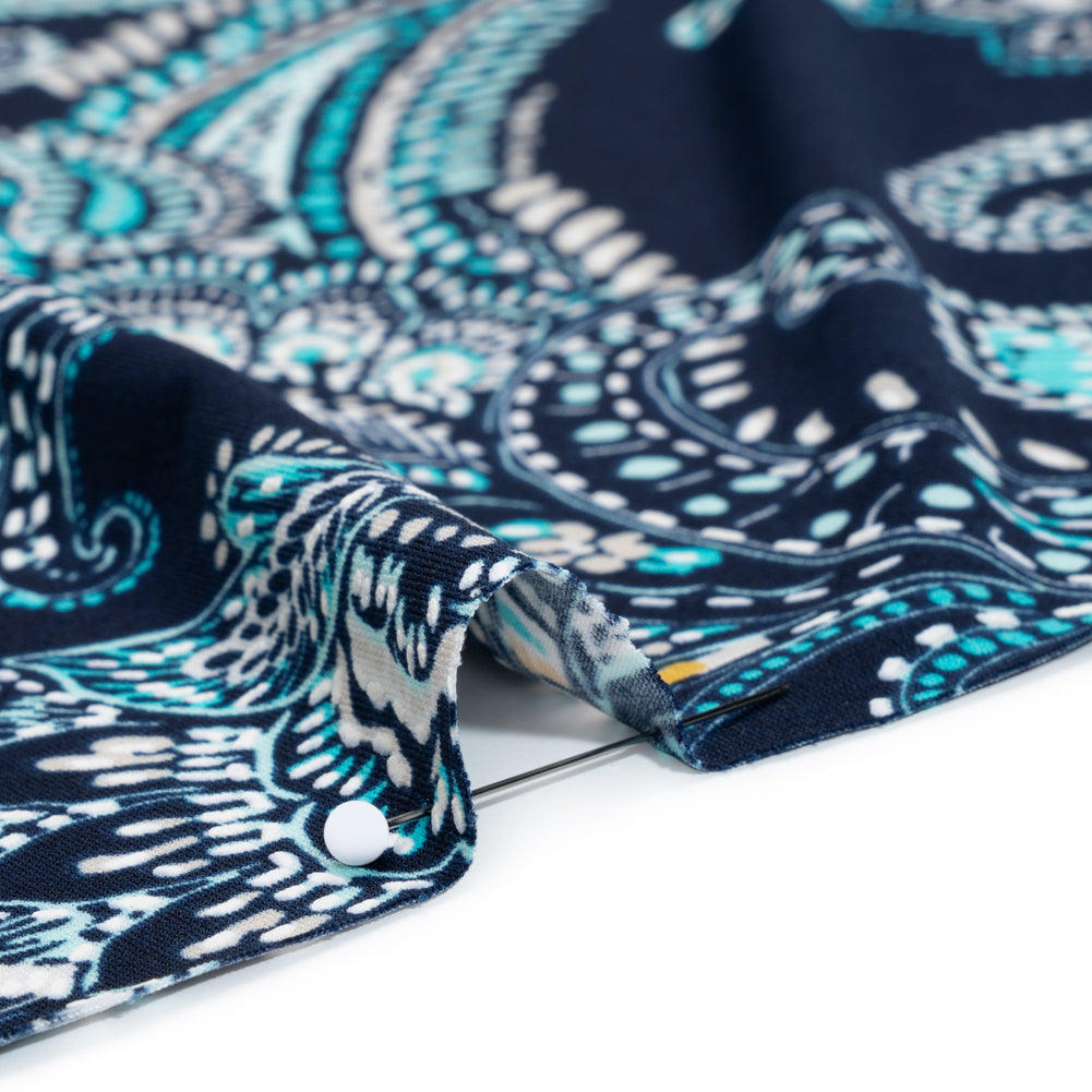 Stretch Polyester Tricot with Puff Print Details - Navy, Teal and White Paisley with Borders - Designer Deadstock Stretch Polyester Tricot with Puff Print Details - Navy, Teal and White Paisley with Borders - Designer Deadstock
