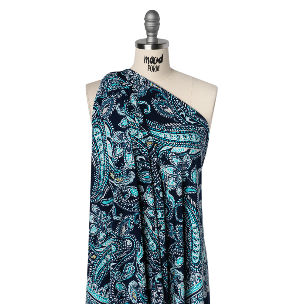 Stretch Polyester Tricot with Puff Print Details - Navy, Teal and White Paisley with Borders - Designer Deadstock Stretch Polyester Tricot with Puff Print Details - Navy, Teal and White Paisley with Borders - Designer Deadstock