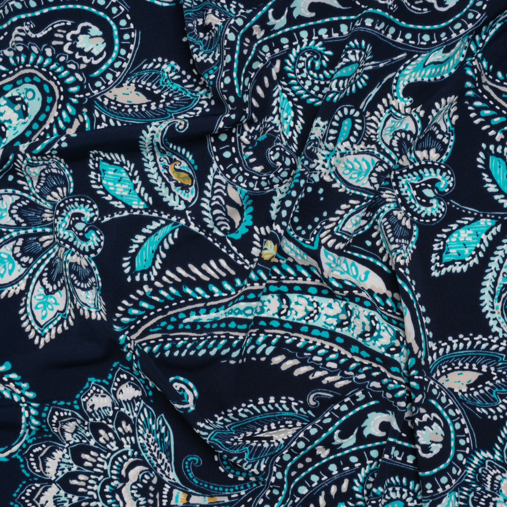 Stretch Polyester Tricot with Puff Print Details - Navy, Teal and White Paisley with Borders - Designer Deadstock Stretch Polyester Tricot with Puff Print Details - Navy, Teal and White Paisley with Borders - Designer Deadstock