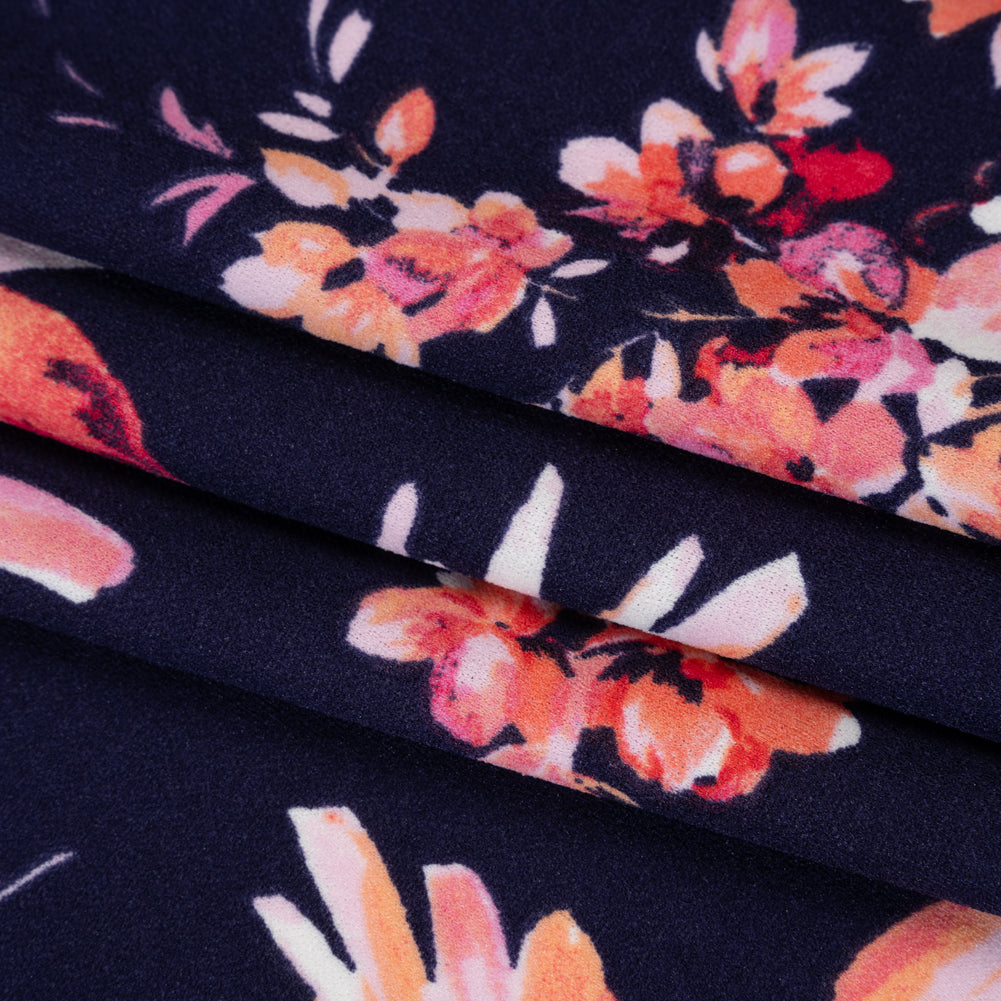 Stretch Polyester Crepe Double Knit - Navy Blue, Pink and Peach Floral - Designer Deadstock Stretch Polyester Crepe Double Knit - Navy Blue, Pink and Peach Floral - Designer Deadstock
