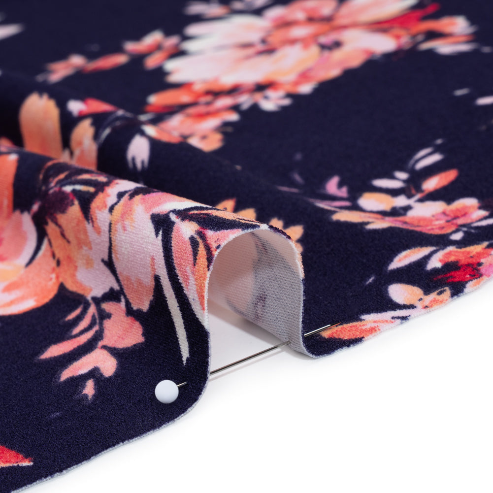 Stretch Polyester Crepe Double Knit - Navy Blue, Pink and Peach Floral - Designer Deadstock Stretch Polyester Crepe Double Knit - Navy Blue, Pink and Peach Floral - Designer Deadstock